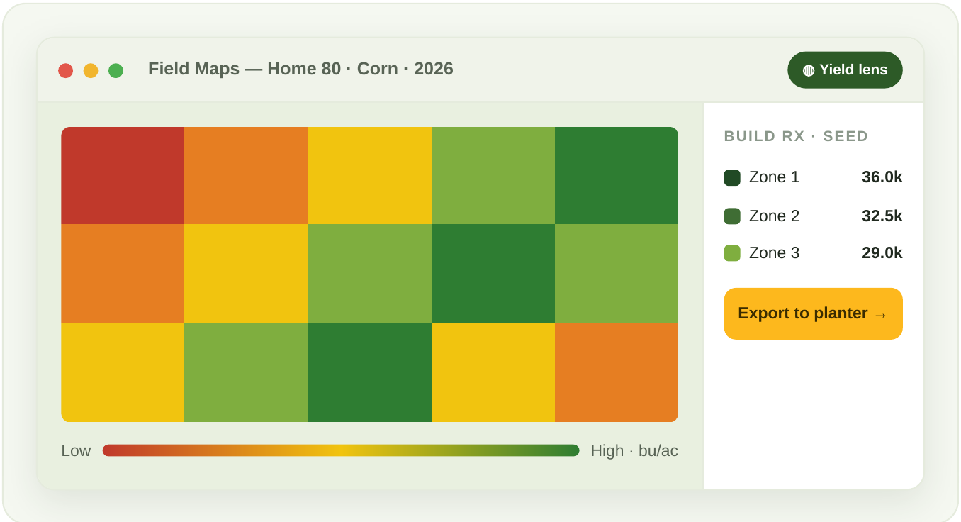 Simulated Field Maps view: a corn seeding prescription for a field named Home 80, with yield-lens zones from low to high and seed rates by zone.