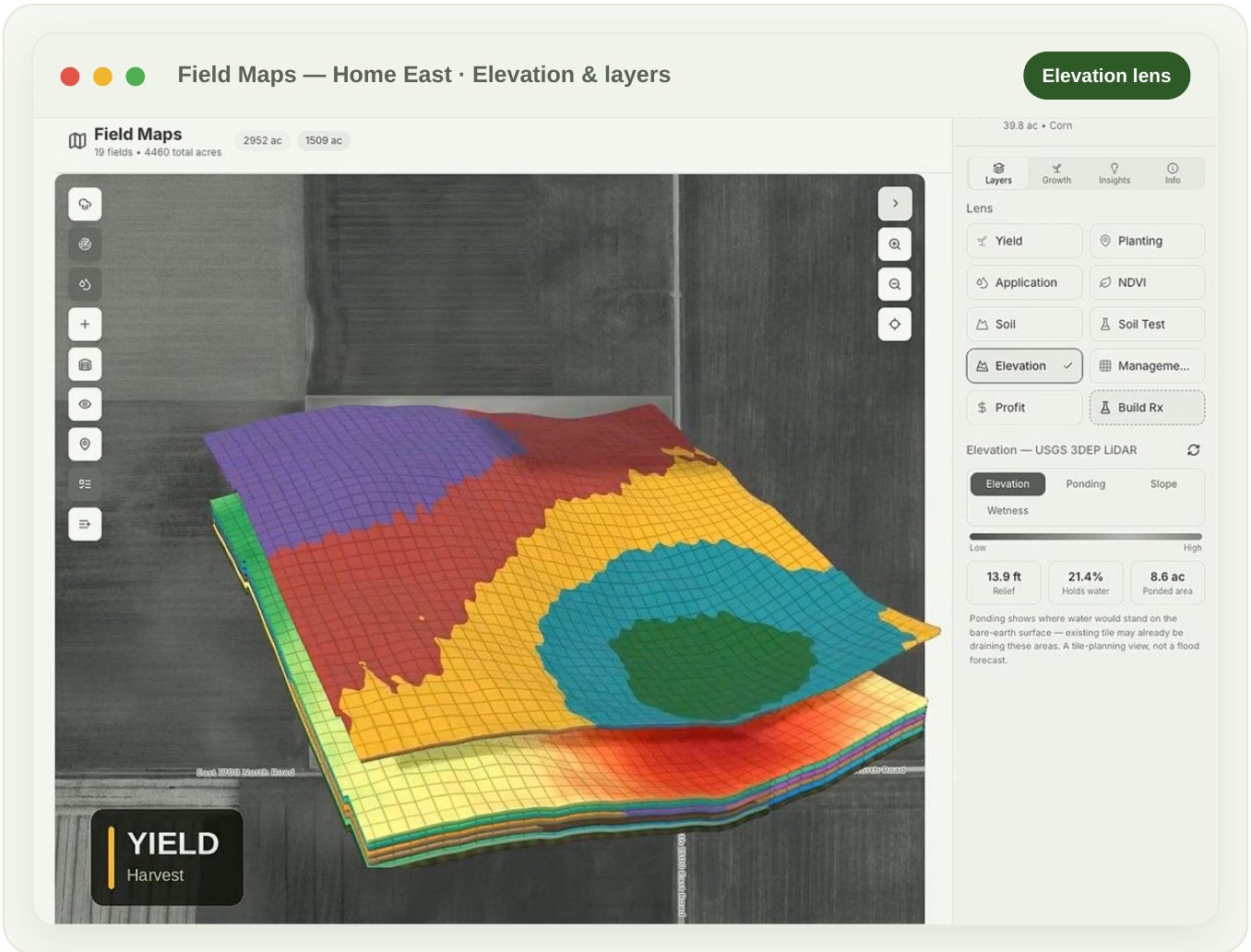 A real field in Clevis Field Maps: stacked data layers rendered in 3D over the field, with the elevation lens selected and relief, water-holding, and ponded-acre figures in the side panel.